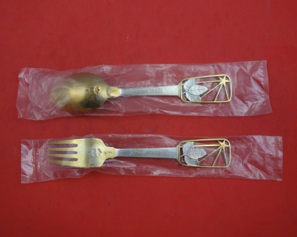 Christmas by A. Michelsen Sterling Silver Fork and Spoon Set 2pc 1938 Vermeil - Image 2 of 2