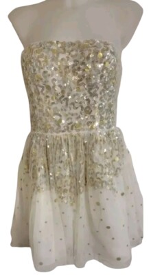 Y2k Womens White Gold Sequin Babydoll Tulle Fairy Whimsical CoquetteDress  Sz 12 | eBay