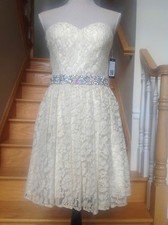NEW Faviana 7435 Short Lace Evening Cocktail Ivory/Gold PROM Dress Sizes 8