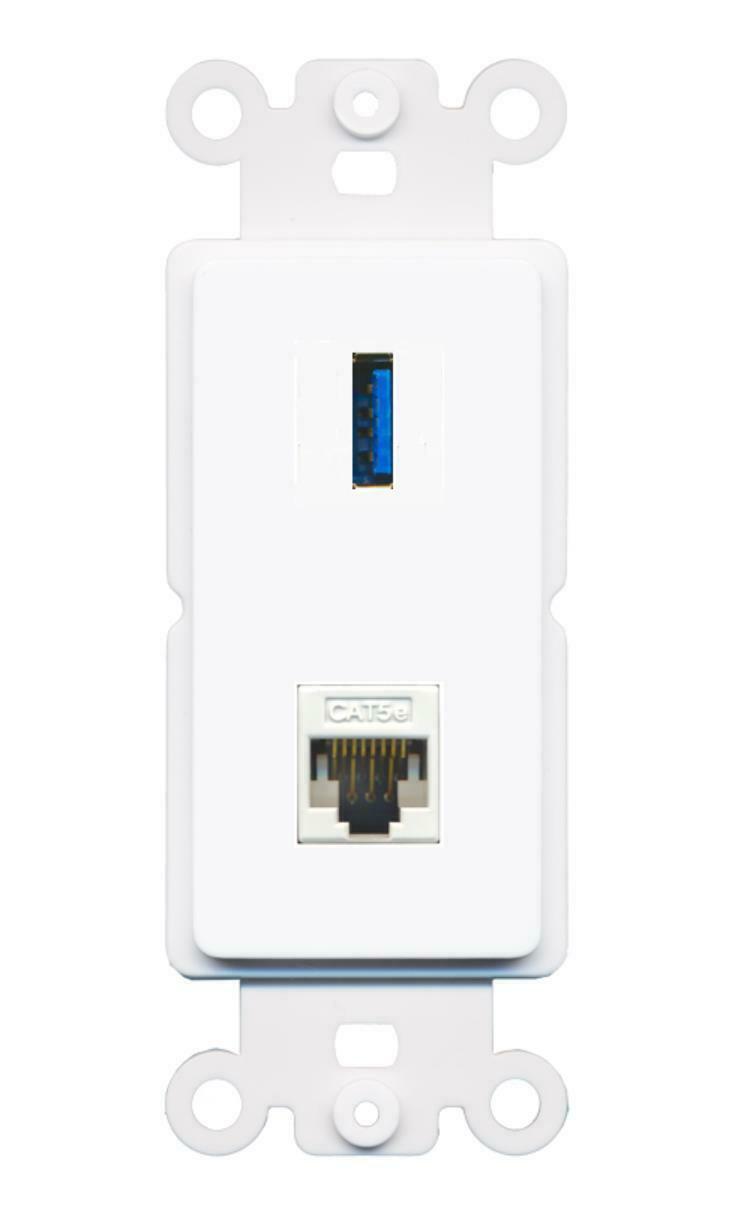 1 Port USB 3.0 A-A CAT5E Ethernet Wall Plate DecorZ ROCKER White