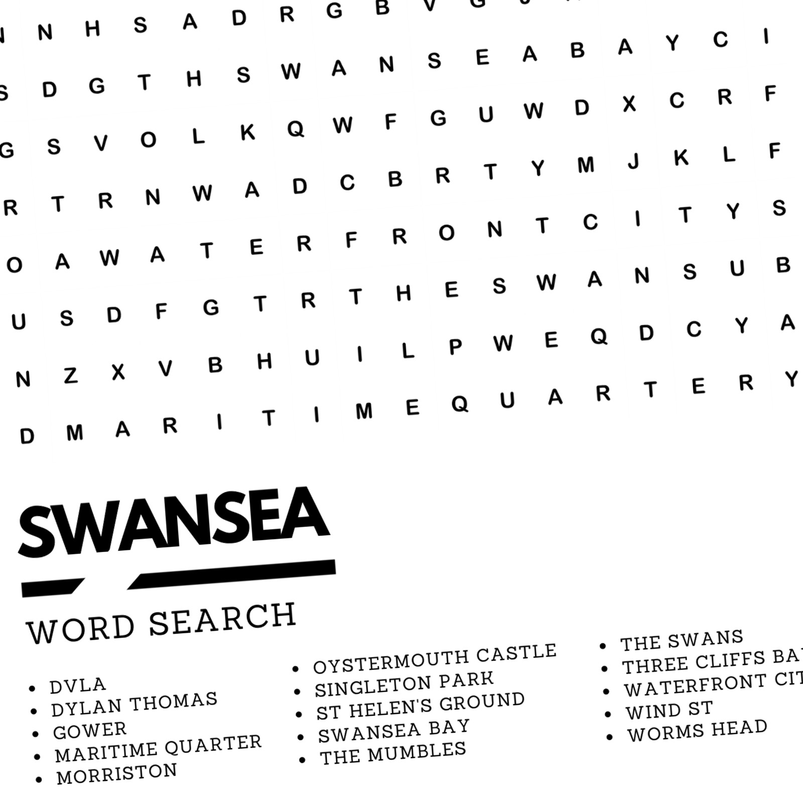 Swansea Wordsearch Style Art Print A3 A4 Framed Unframed Wall Art