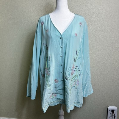 Silk Assets Diane Von Furstenberg Blue Embroidered Beaded Blouse NEW Size Large