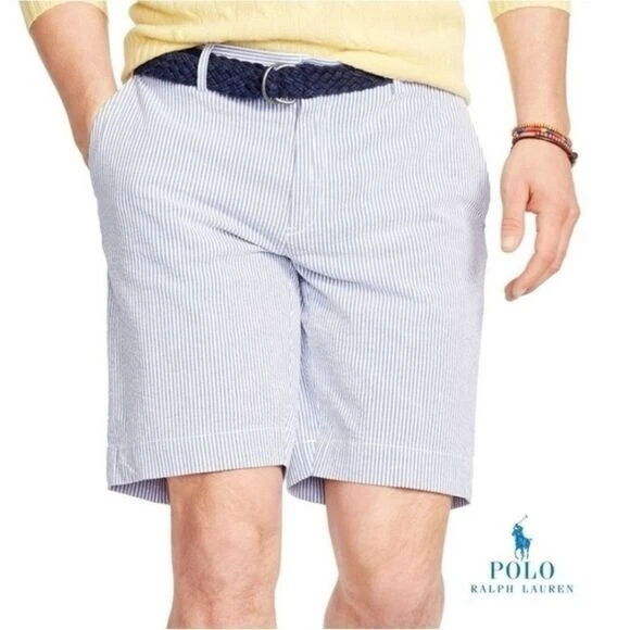 POLO GOLF RALPH LAUREN Blue White Striped Seersucker Chino 9" Short - Size 40