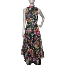 Vtg 70's Lorrie Deb Black Spring Floral Organza Halter Cottagecore Prairie Dress