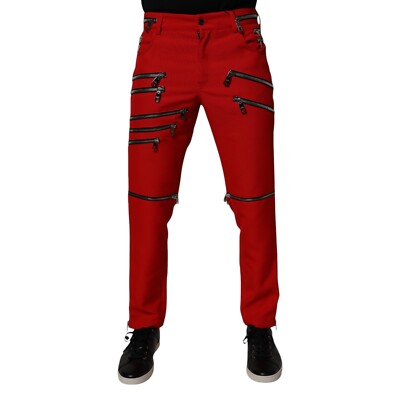 DOLCE & GABBANA Pants Red Zipper Embellished Straight Trouser IT48