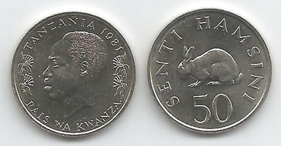 🔥40🔥UNC TANZANIA 1966-1984 ISSUE 50 SENTI, RABBIT WILDLIFE ANIMAL COINS ...