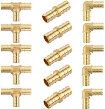 15 Pack 3/4 inch PEX Tee+Coupling+90 Degree Elbow Brass Crimp Fitting Lead Free