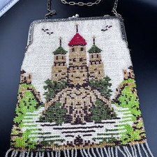Antique Art Nouveau Germany Glass Micro Beaded Fringe Bag Purse Pictoral Castle