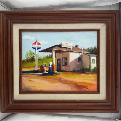 A Verkley Signed Oil Painting Vintage Gas Station Standard Oil Framed Americana