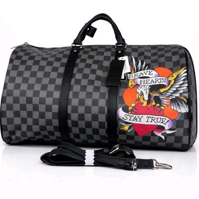 Ed Hardy Checked Duffle Weekender Travel Bag Brave Hearts Stay