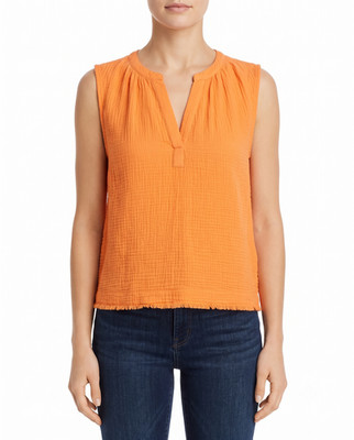 DKNY Jeans 100% Cotton Crinkle Split Neck Sleeveless Blouse Orange XL
