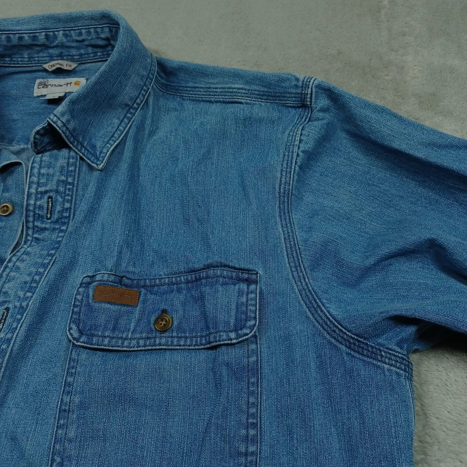 Camisa Carhartt Para Hombres Grande Azul Denim Bolsillos Abotonados Ropa de Trabajo Informal Foto 3 de 4