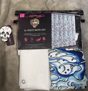 Ed Hardy 14-Piece Skull Bath Set 72x72 Blue/White Curtain, Liner, Hooks