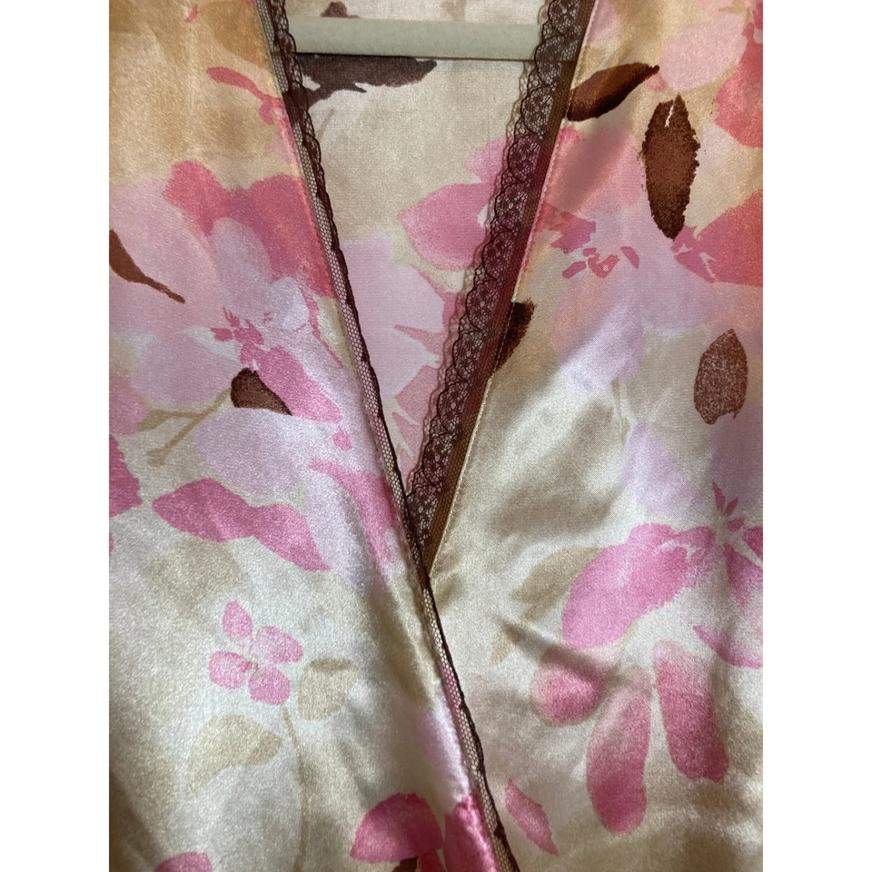 Floral Satin Kimono Robe Pink Brown Lace Trim Long Sleeve Wrap Belted One Size - Image 3 of 4