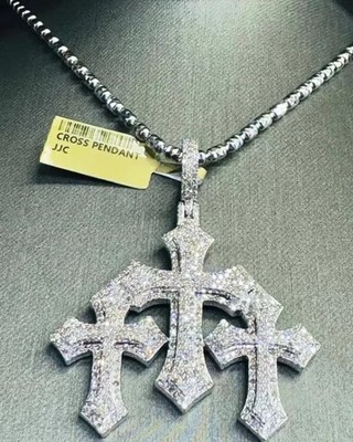 3.8 CT Real Moissanite Triple Cross Pendant 14K White Gold Plated Christmas Gift