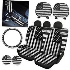 Car Seat Covers - Full Set with Front, Back, Headrest, Cup Black American Flag