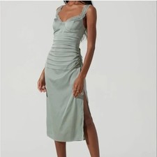 Astr the Label Alva SMALL Sage Satin Lace-Trim Ruched Midi Slip Dress