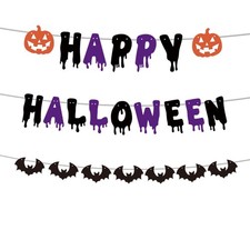 Halloween Banner for Party Decorations, Pre-Strung Happy Halloween Glitter Le...