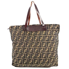 FENDI Zucca Handbag Tote Bag Purse Folding FF Nylon Khaki Brown Authentic