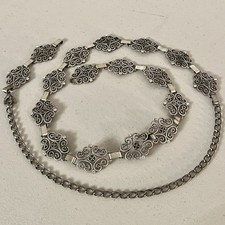 Vintage Silver Tone Medallion and Rhinestone Adjustable Chain Belt 44  Max