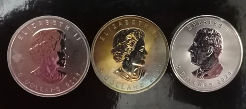 (3) 1 OUNCE SILVER MAPLE LEAFS, 2011, 2020 W/GOLDEN TONING, 2024
