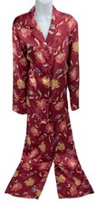 Medium Valerie Stevens Intimates Pajama PJ Set Satin Lounge Floral Maroon Red