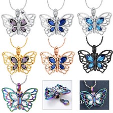Stainless Steel Crystal Butterfly Urn Pendant Memory Necklace for Ashes Keepsake