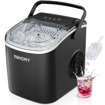 EUHOMY Countertop Ice Maker Machine with Handle 26lbs in 24Hrs 9 Ice Cubes Re...