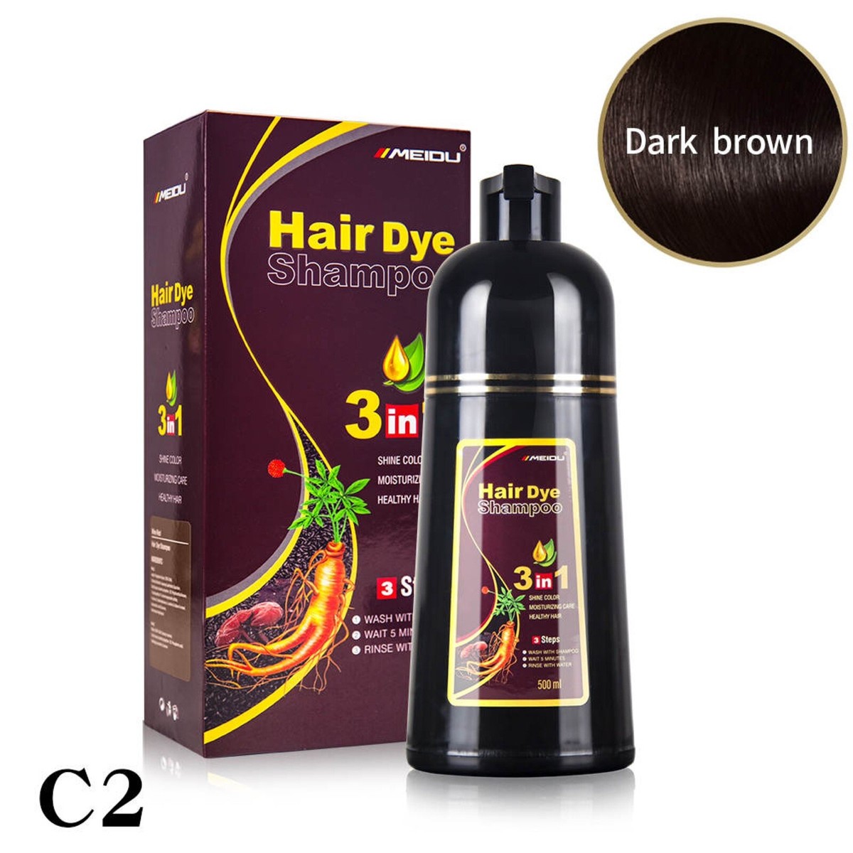 MEIDU Dark Brown Hair Dye Shampoo – 3-in-1 Permanent Hair Color