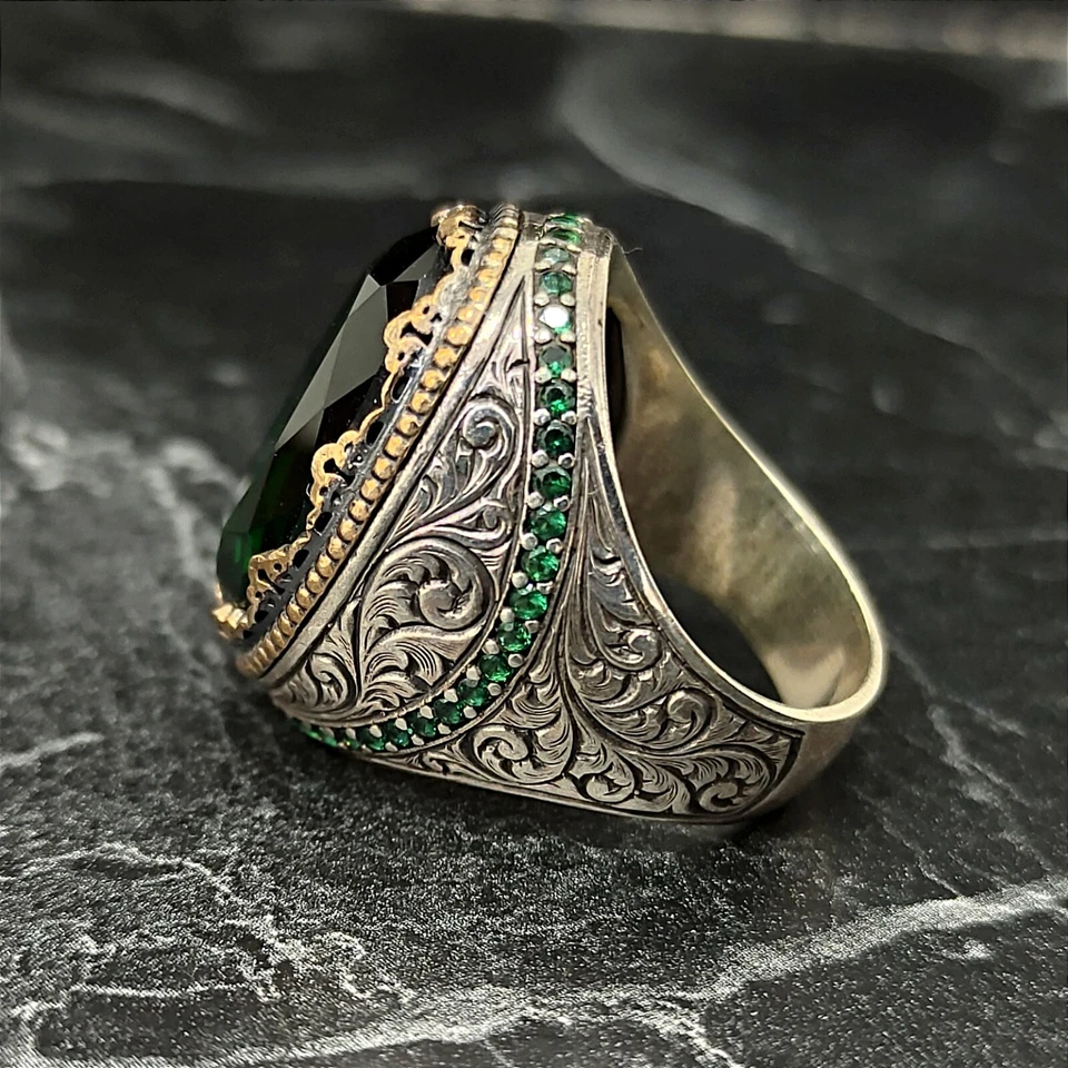 Anillo de piedra granate verde ovalado de plata para hombre, anillo de piedras preciosas verdes de plata, joyería Foto 4 de 4
