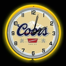 Coors Banquet Beer Sign 19" Double Yellow Neon Clock Man Cave Garage Game Room