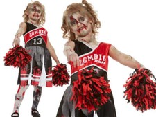 Girls Zombie Cheerleader Costume Fancy Dress Halloween Pom Poms