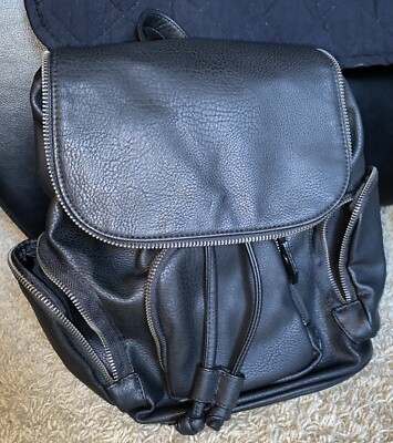 Mossimo Supply Co Backpack Bag Black Faux Leather outer zippered pockets 