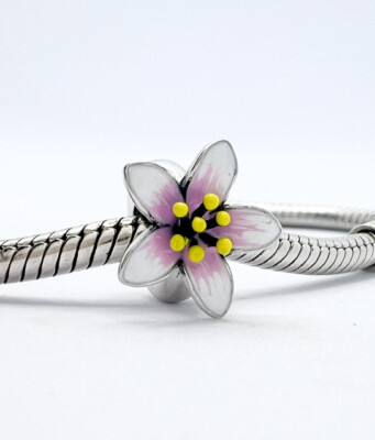 Cherry Blossom Spacer Charm Bead Flower Genuine 925 Sterling Silver  