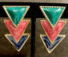 Vintage Modernist Geometric TRIANGLE Multicolor Earrings Clip On Retro 80's