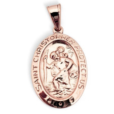 Solid 10K Rose Gold St. Christopher Medal Pendant, 3/4″, Catholic Saint
