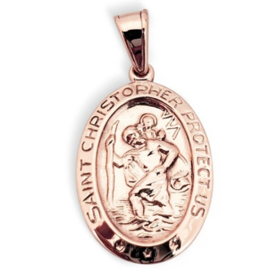 Solid 10K Rose Gold St. Christopher Medal Pendant, 3/4 , Catholic Saint