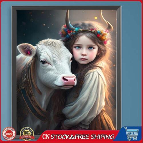 Paint By Numbers Kit On Canvas DIY Oil Art Girl and Cow Picture Decor 40x50cm - Afbeelding 1 van 12