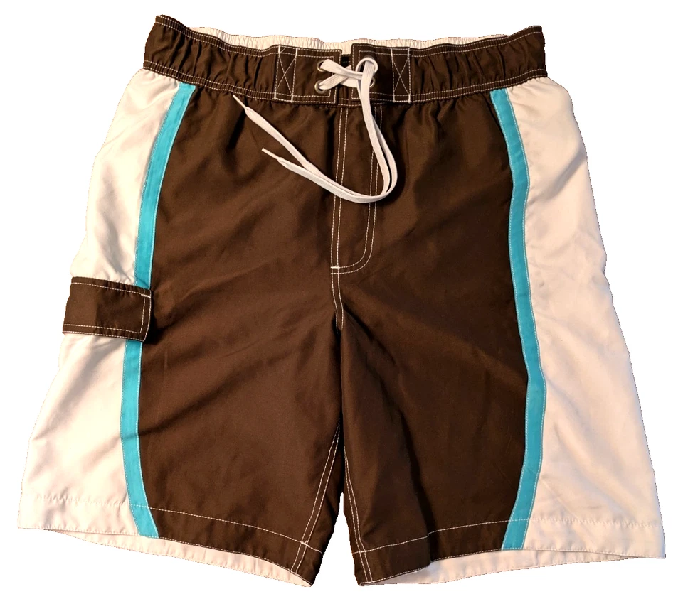 MEN'S SWIMSUIT BOARD SHORTS: Mossimo Brown White Blue Mesh Liner MEDIUM M - Image 2 of 4