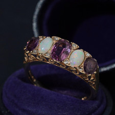 Vintage Plum Pink Sapphire & Solid White Opal Diamond Bridge Ring in 9ct Gold
