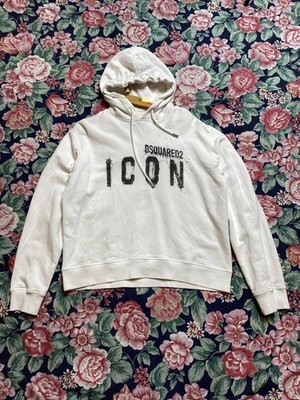 Dsquared2 Icon DAMEN Kapuzenpullover Weiß Größe M Faded Crashed 90s Y2K Selten
