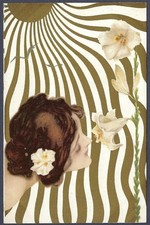 Young lady with lilies in the rays of the sun - Raphael Kirchner art postcard