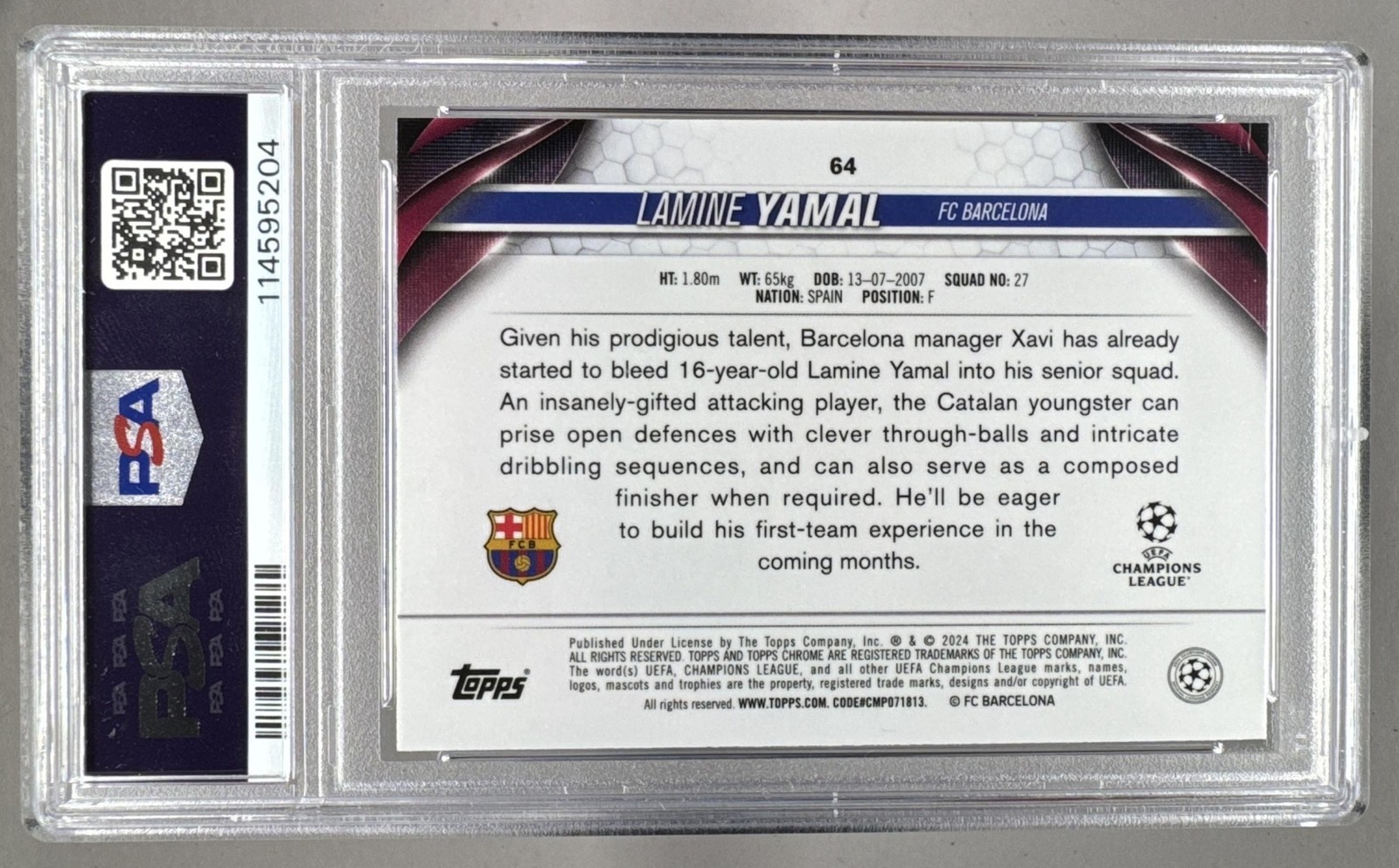 Lamine Yamal 2023 Topps Chrome UEFA #64 Violet Speckle Refractor RC /299 PSA 10 view 2