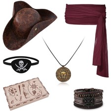 Pirate Hat and Accessories Set with Eye Patch Necklace Sash Leather Bracelets...
