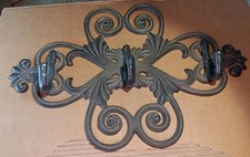 Vintage Large Black Cast Iron Ornate Scroll Wall Decor 3 Hook Coat Hanger 15"
