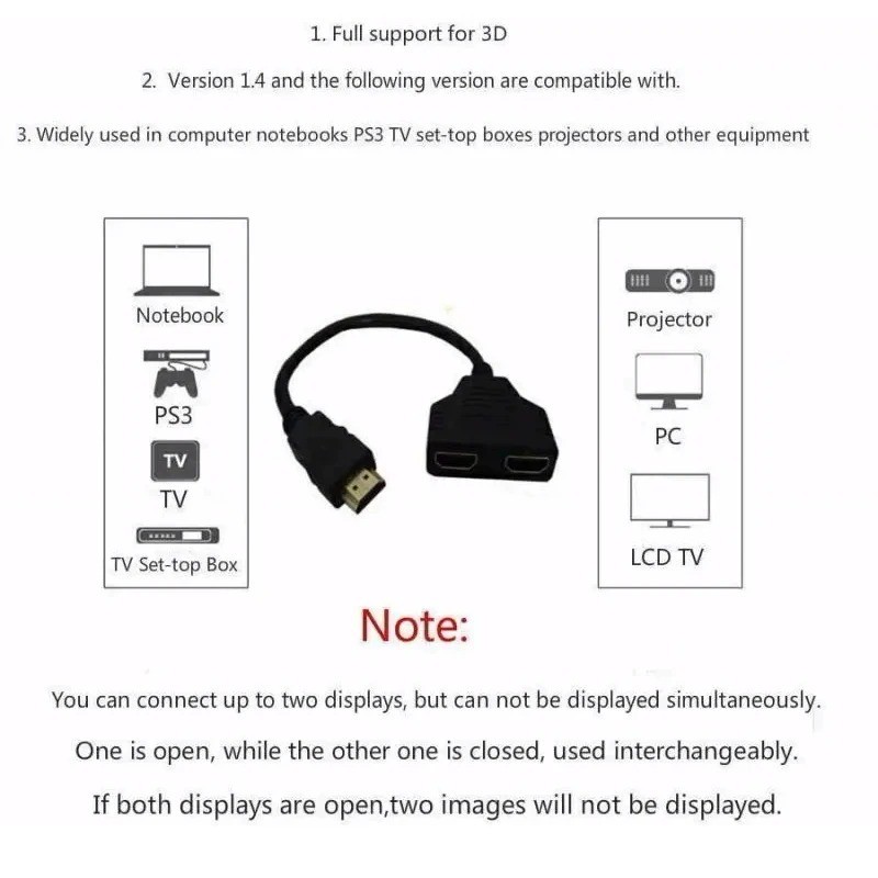 1080P HDMI Port Male to Female 1 Input 2 Output Splitter Cable Adapter ...