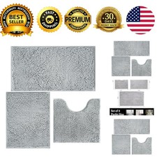Bathroom Rugs Chenille Bath Mat 3 Piece Set Light Grey Non Slip PVC Backing
