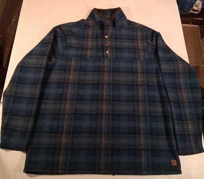 John Wayne Fleece Shirt Mens XL Blue Plaid 1/4 Snap Pullover Mock Neck Western
