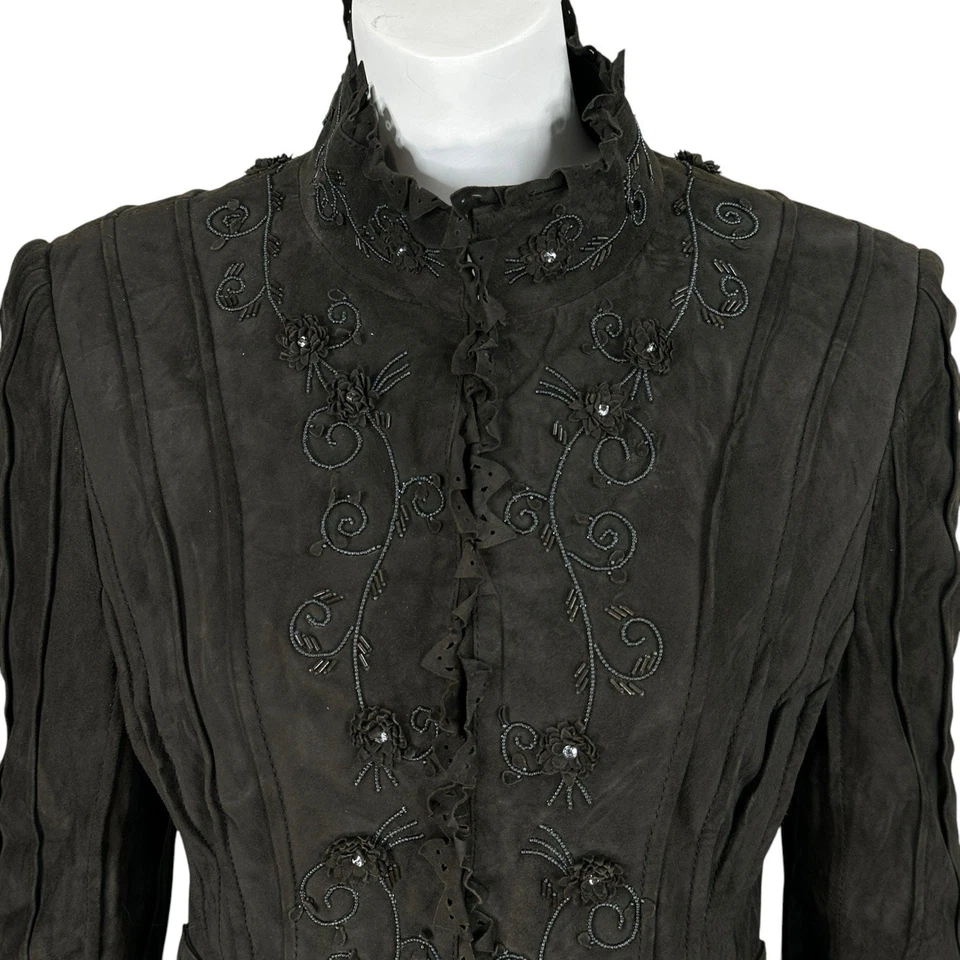 Chaqueta de cuero de gamuza Double D Ranch para mujer talla 6 con cuentas floral marrón occidental Foto 2 de 4