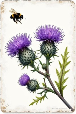 Bee And Thistle Flowers Tin Metal Signs Home Décor 8x12 Vintage Scottish Thistle